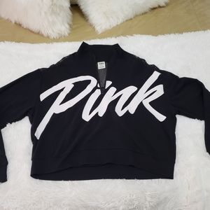 Pink cropped black sweater with mesh